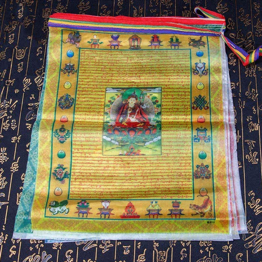 Single square Buddhist prayer flag featuring Padmasambhava Buddha portrait and sacred sutra text with decorative borders