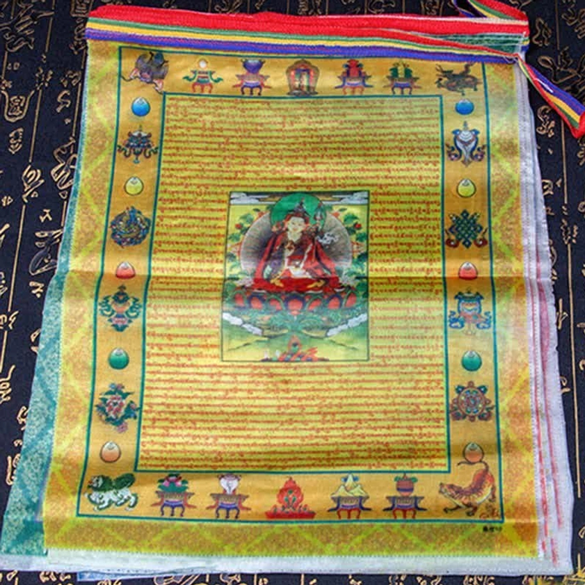 Square Buddhist prayer flag with central Buddha figure complete sutra text and detailed decorative spiritual borders