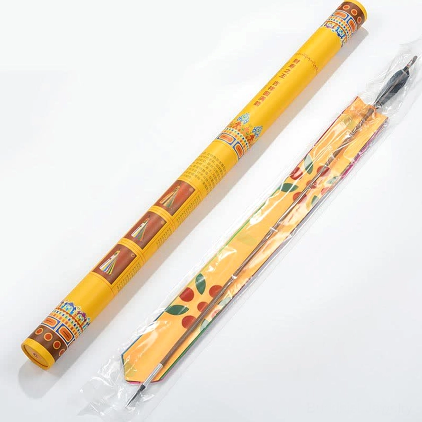 Buddhist prayer flag storage kit with yellow patterned tube and packaged pole accessories