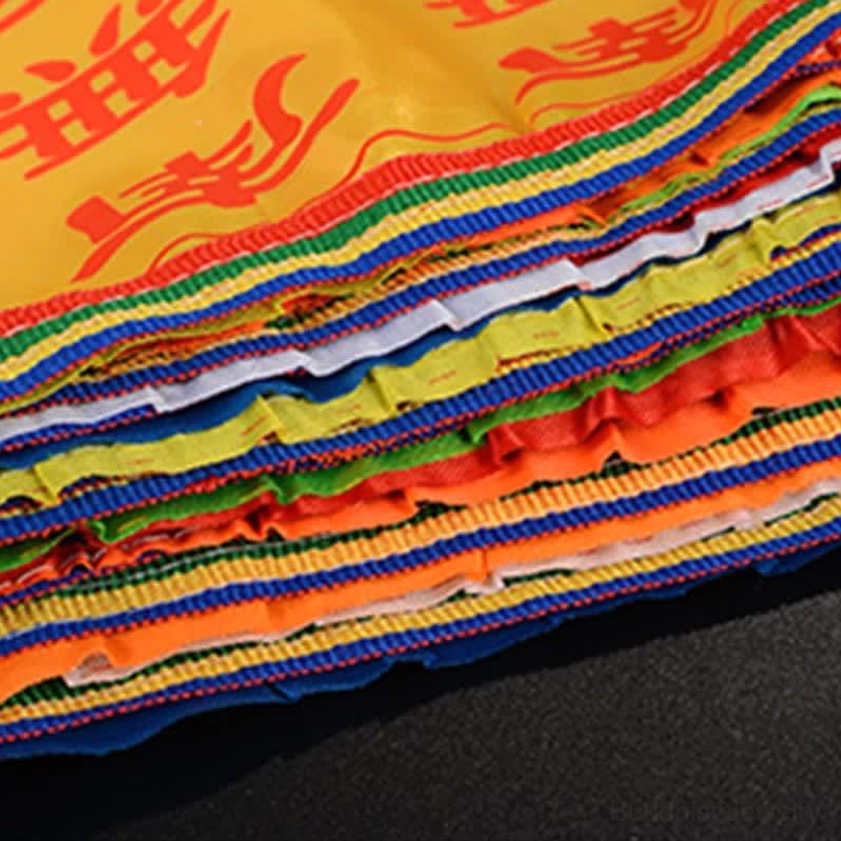 Buddhist prayer flags 21-piece set showing complete bundle and packaging, detailed view of Windhorse symbol and sacred mantras