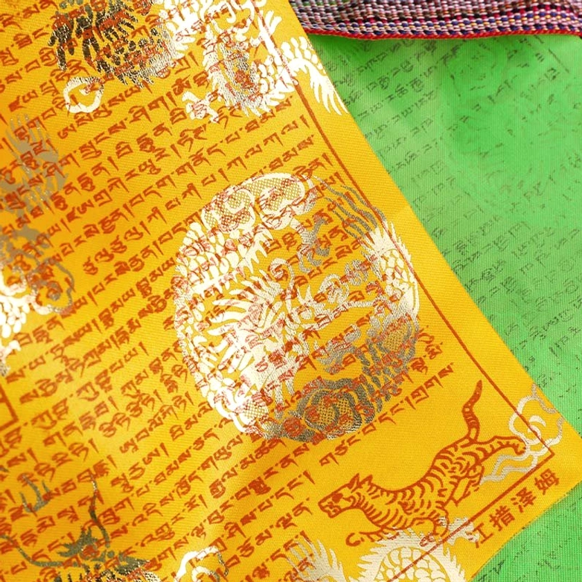 Buddhist prayer flags 23 feet total length showing full hanging configuration with 20 individual flags