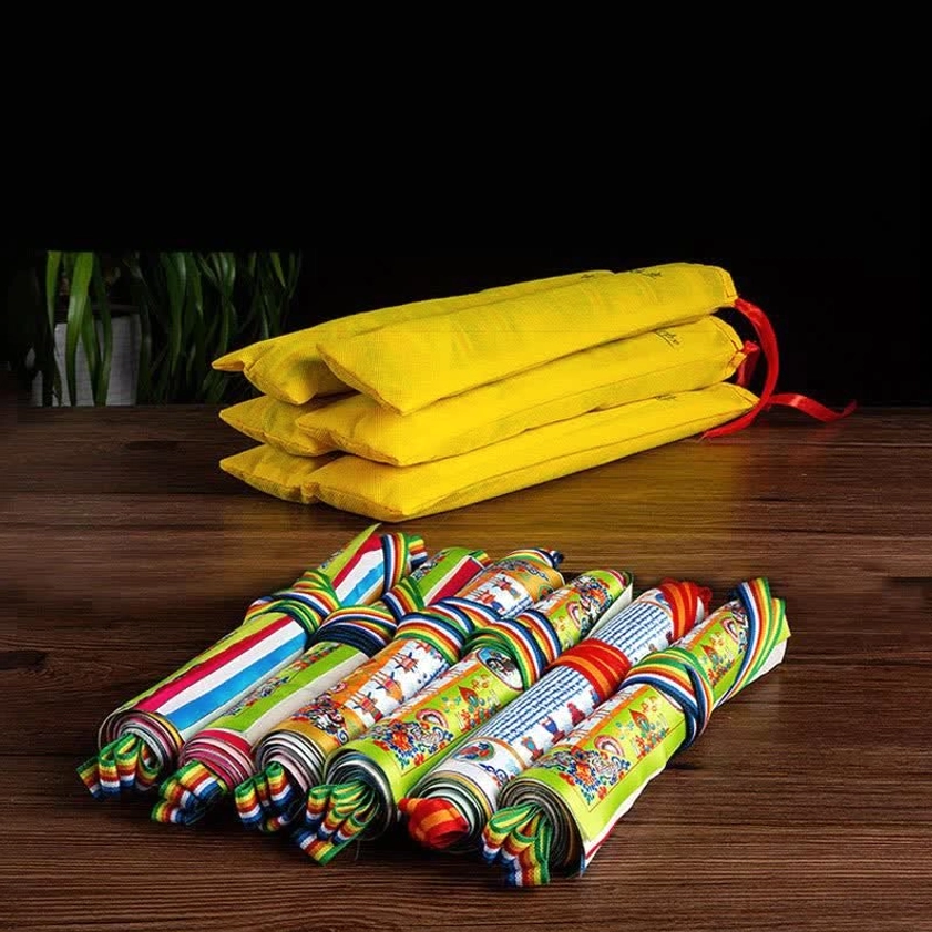 Buddhist prayer flag bundles storage rolled five element colors with red hanging straps and cord