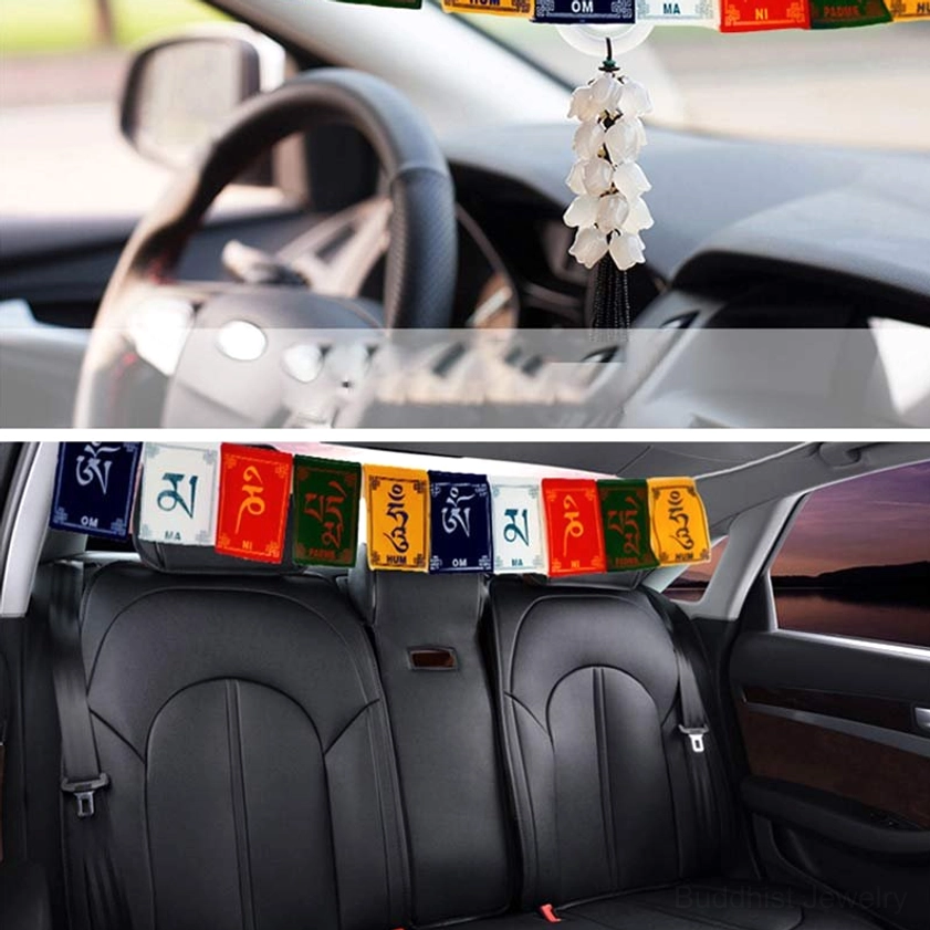 Compact Buddhist prayer flags with Om Mani Padme Hum hanging in car interior near window