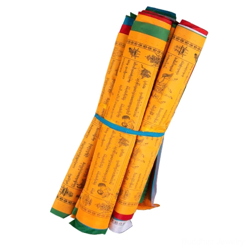 Complete set of 20 Buddhist prayer flags bundled and rolled with blue strap showing full 12 meter length