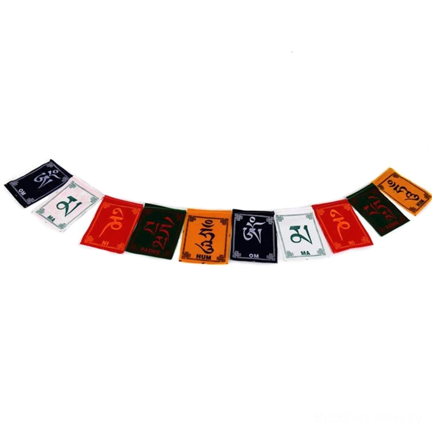 Curved string of Buddhist prayer flags with Windhorse symbol and sacred mantras on white background