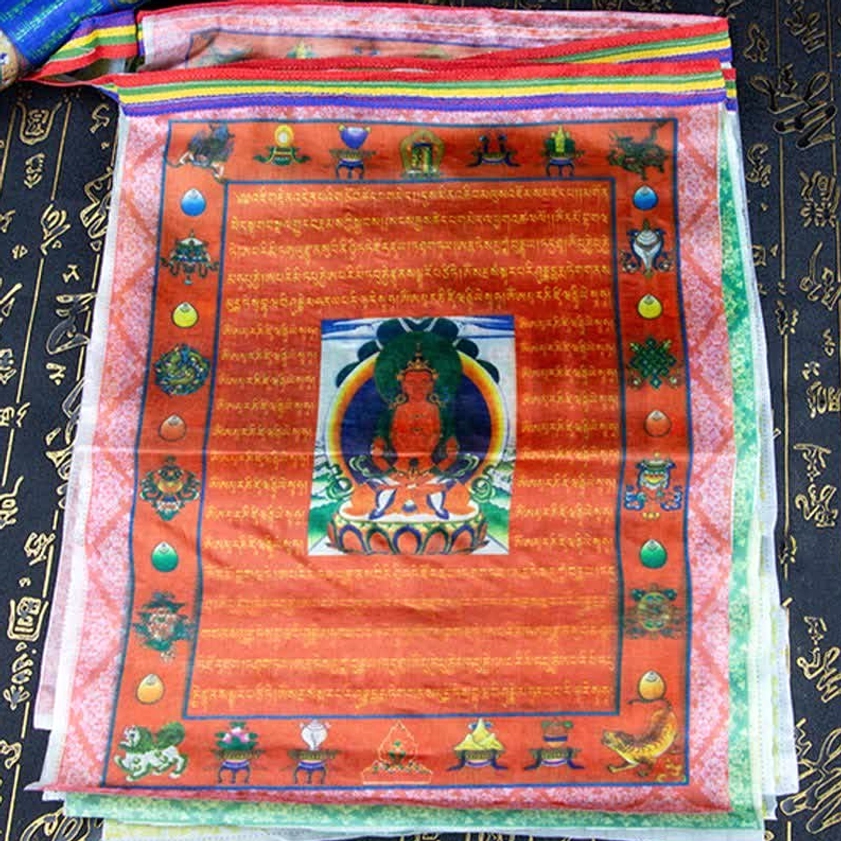 Buddhist prayer flags windhorse garland showing all five sacred colors blue white red green yellow proper sequence