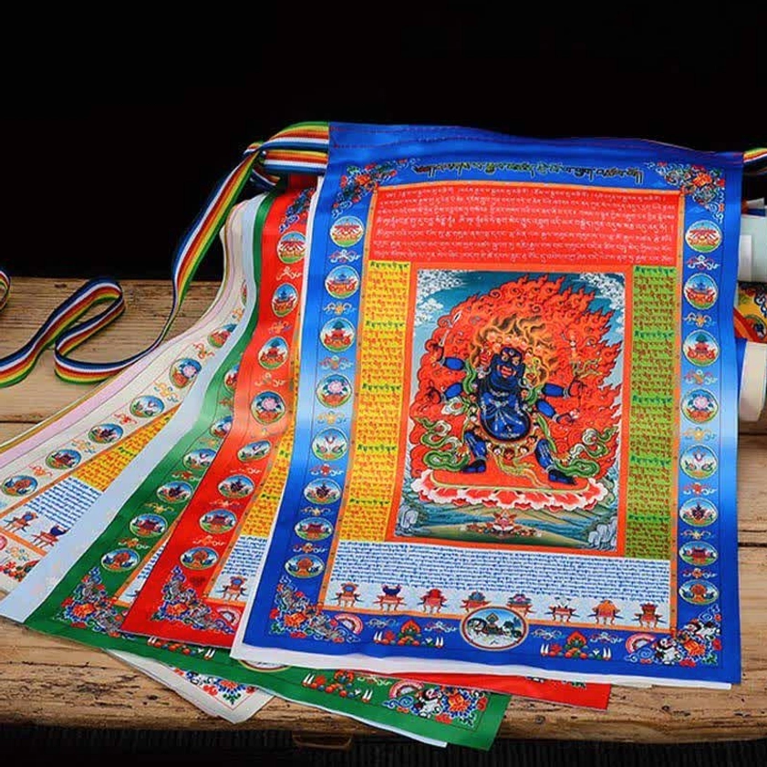 Authentic Buddhist prayer flags blue red green yellow white five element colors with striped hanging cord