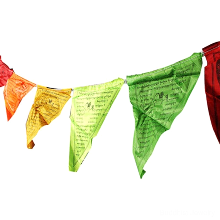 Full-length Buddhist prayer flags garland 6m display showing complete 25-piece string for outdoor decoration