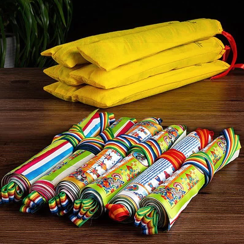 Hand-printed Buddhist prayer flags wooden block technique traditional authentic craftsmanship