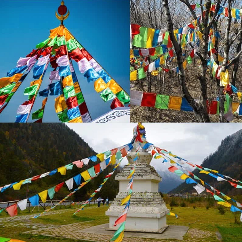 Buddhist prayer flags displayed across multiple outdoor locations including temple tower forest and stupa installations