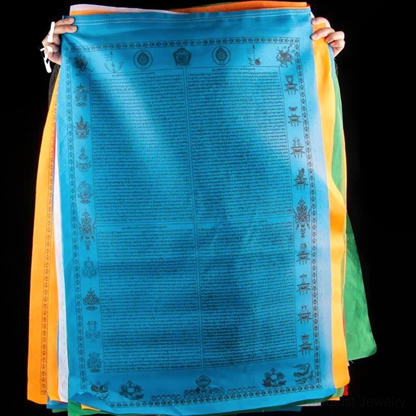 Buddhist 5-color windhorse prayer flags outdoor garden display showing spiritual atmosphere and protection