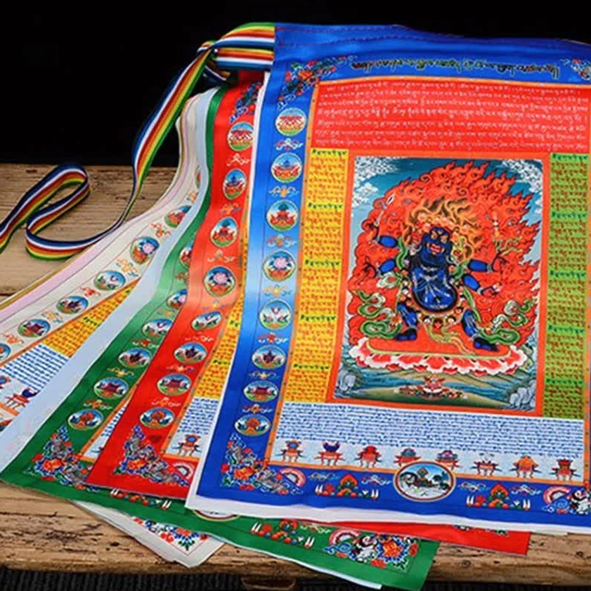 Buddhist prayer flag garland outdoor garden patio installation sacred space creation