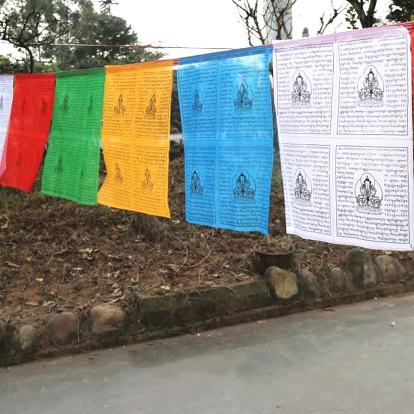 Buddhist five-color prayer flags on paved outdoor path with full traditional color spectrum and clear printed Buddhist religious patterns and spiritual symbols