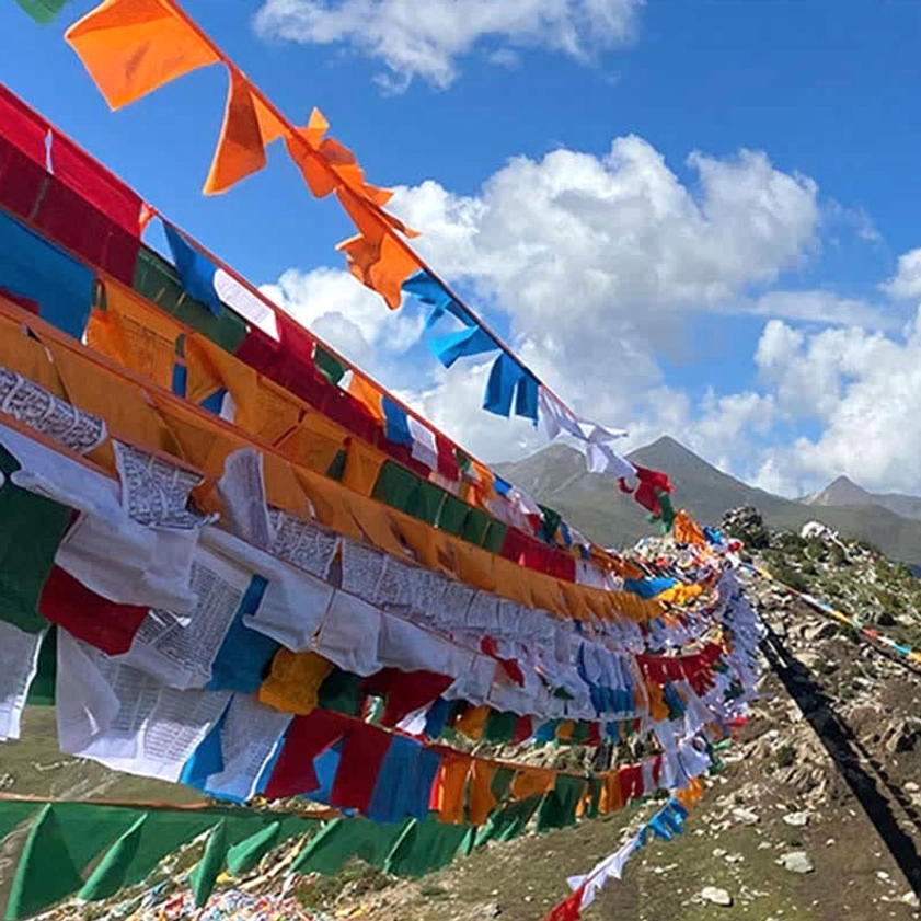 Buddhist prayer flags strung across rocky highland mountain against cloudy sky