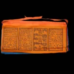 Buddhist prayer flags storage bag with traditional scriptures printed on orange fabric