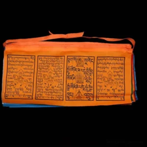 Buddhist prayer flags storage bag with traditional scriptures printed on orange fabric