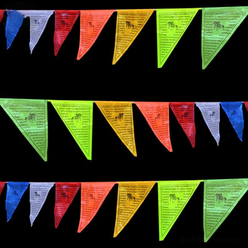 Strung triangular Buddhist prayer flags with multi-row garland display featuring authentic Tibetan scriptures and traditional five-color sequence