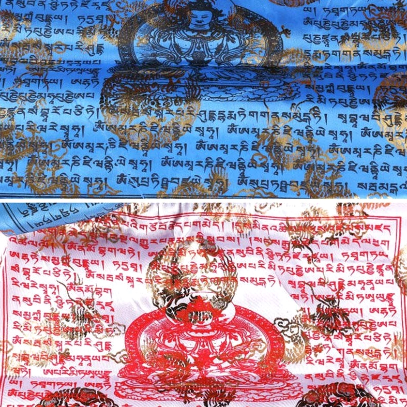 Close-up comparison of blue and red buddhist prayer flag panels showing detailed sutra text and gilded deity prints