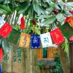 Buddhist prayer flags with Windhorse and Om Mani Padme Hum mantra hanging in garden with green foliage backdrop