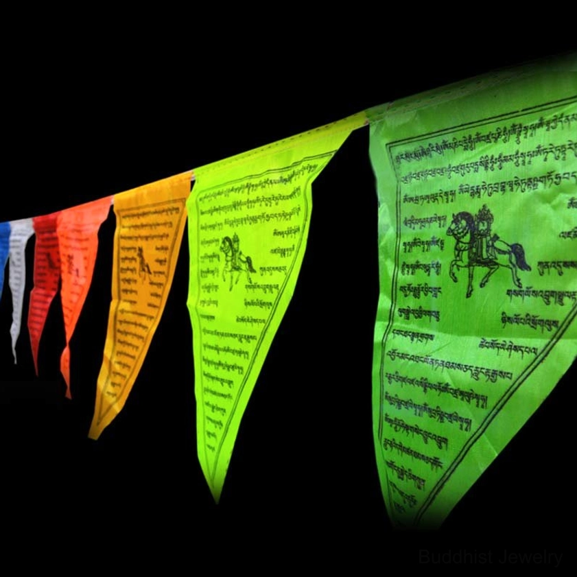 Single string of Buddhist prayer flags featuring Windhorse imagery and authentic printed Tibetan scriptures