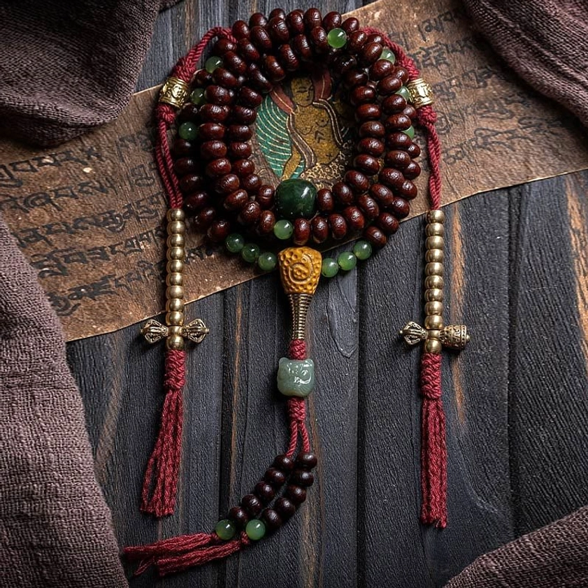 108 bead Buddhist prayer mala bracelet with purple bodhi seeds and cyan jade beads in flat lay display