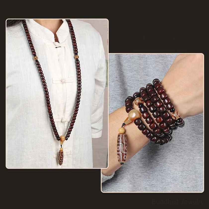 Buddhist prayer mala bracelet with three-eye dzi bead, nine-eye dzi bead, and natural stone beads for meditation and spiritual awakening practice