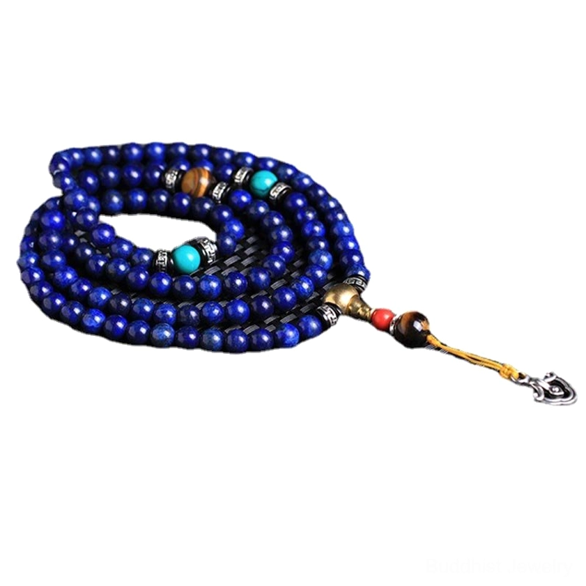 Overhead view of complete 108-bead lapis lazuli mala fully coiled with decorative turquoise tiger eye and metal clasp closure