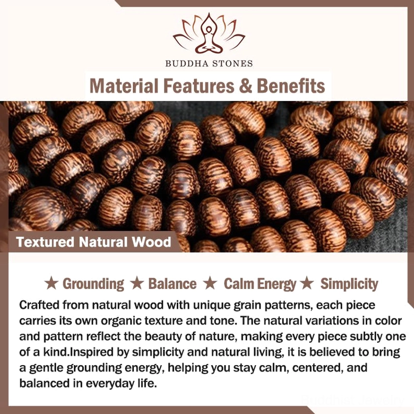 Natural wood mala material information card highlighting calm energy benefits and textured wood features
