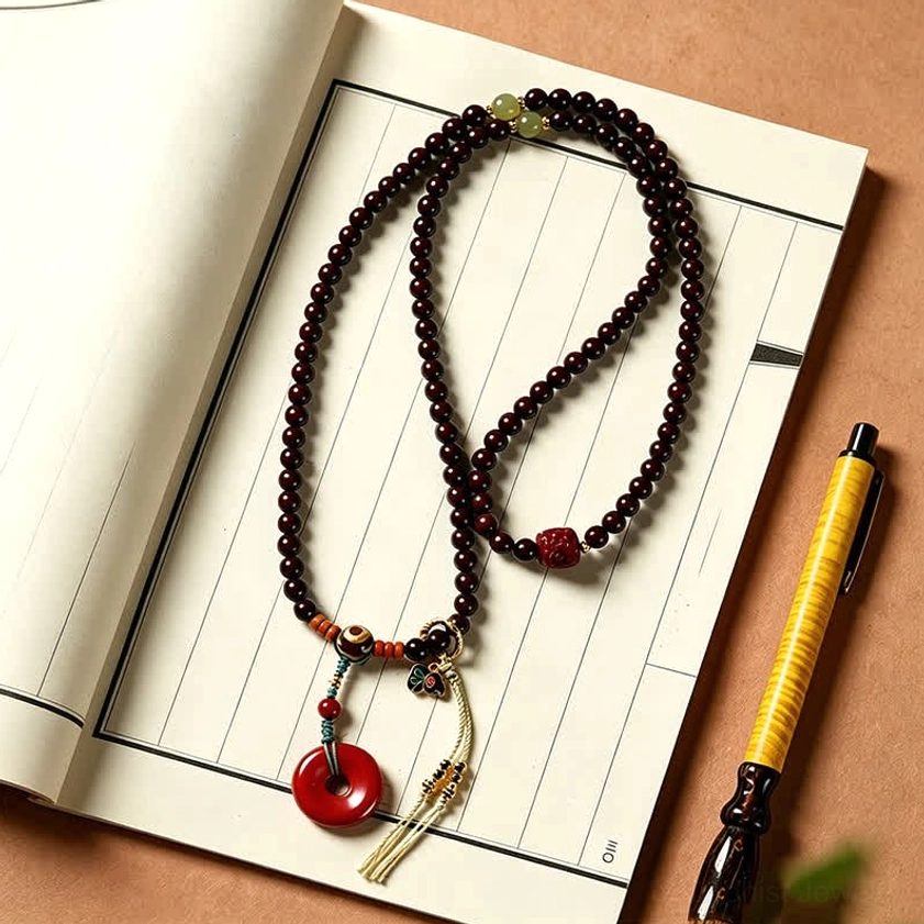Complete 108 bead mala with peace buckle displayed next to open notebook and pen, showing dark red beads, metal fasteners, and decorative tassel