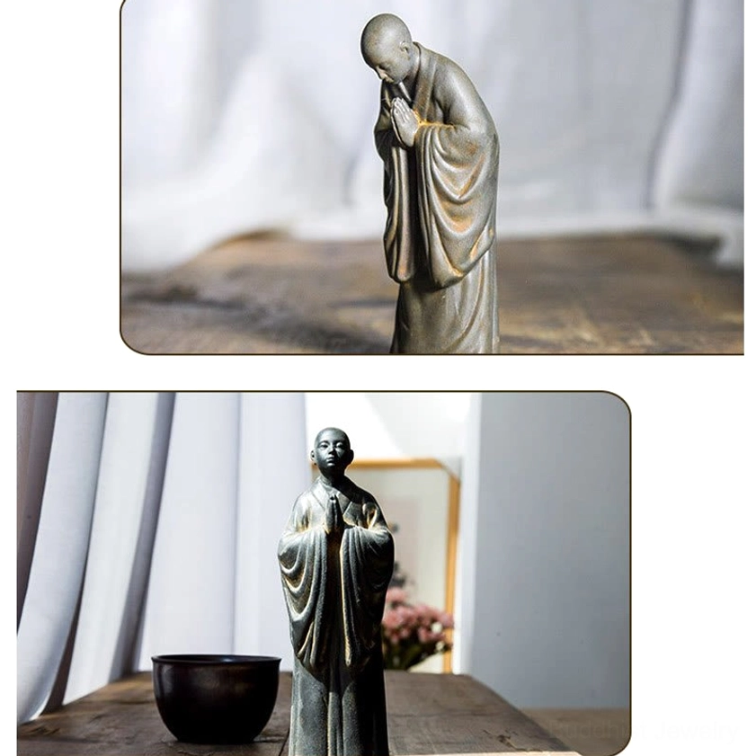 Buddhist Prayer Monk Statue on Wooden Surface - Handcrafted Serene Meditation Statue for Home Sanctuary