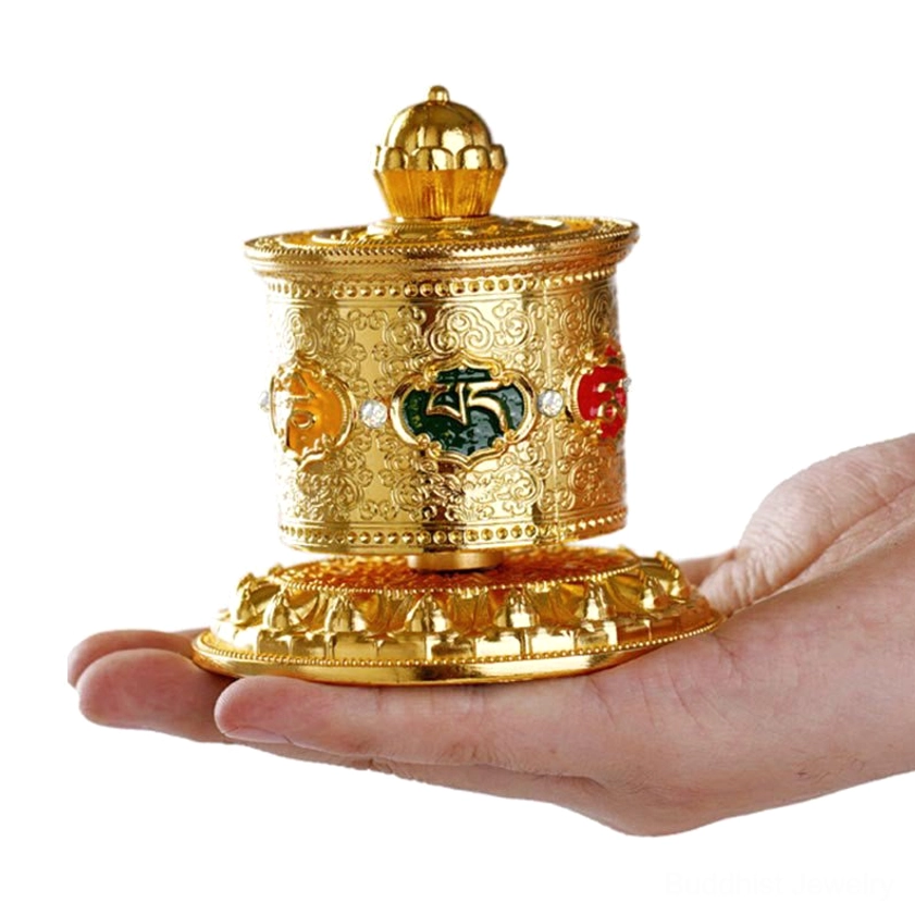 Antique bronze Buddhist prayer wheel car decoration with complete mantra scrolls and cultural authenticity