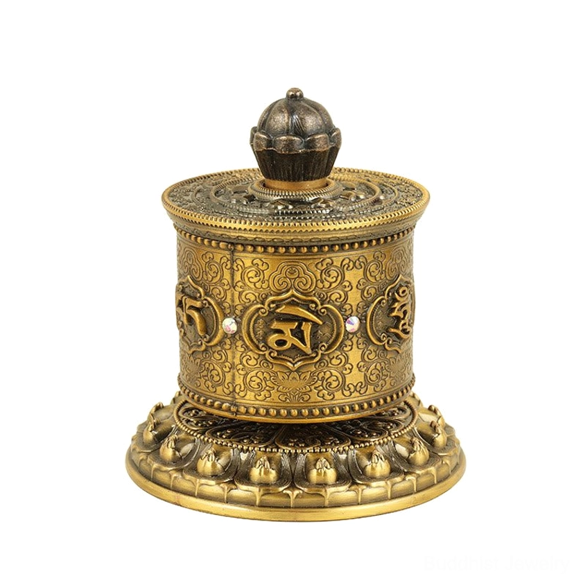 Buddhist prayer wheel car ornament lifestyle shot showing product in travel context and meditation setting