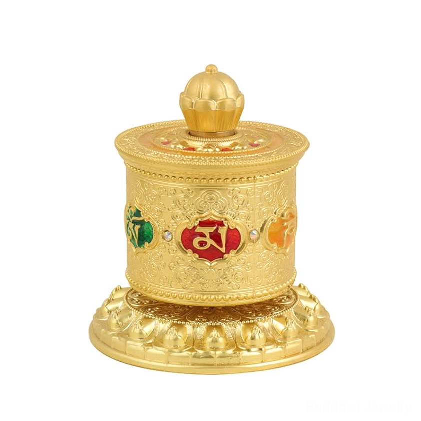 Gold tone Buddhist prayer wheel car decoration variant with antique finish and lotus symbol details