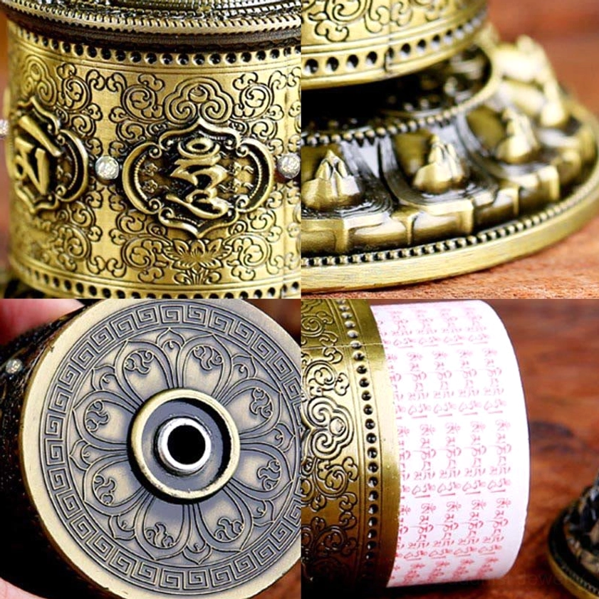 Multi-angle composite view of Buddhist prayer wheel car decoration showing detailed mantra engravings and red-printed scripture