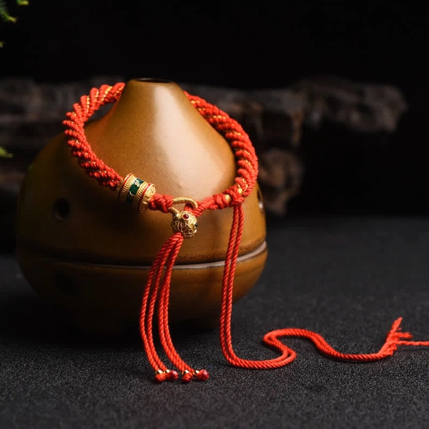 Red Buddhist braided lucky bracelet with prayer wheel bead on ceramic vessel, gold green metal decorations