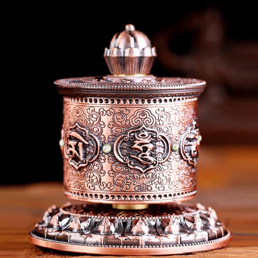 Red finish Buddhist prayer wheel car ornament variant with sacred Om Mani Padme Hum symbols