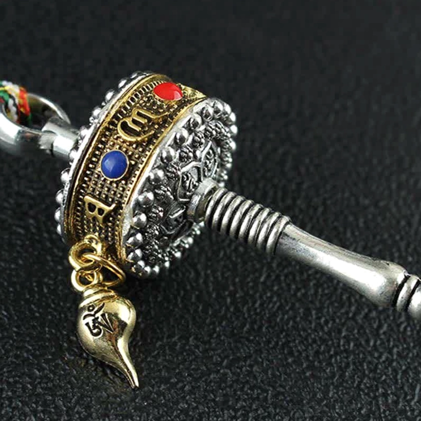 Buddhist prayer wheel car decoration with multiple sacred symbols - compassion and protection amulet