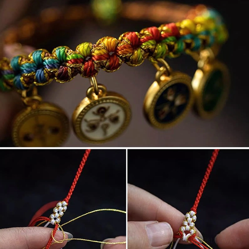 Five Gods of Wealth bracelet macro photography on plain background, featuring gold-rimmed enamel deity charms and multicolored braided rope structure