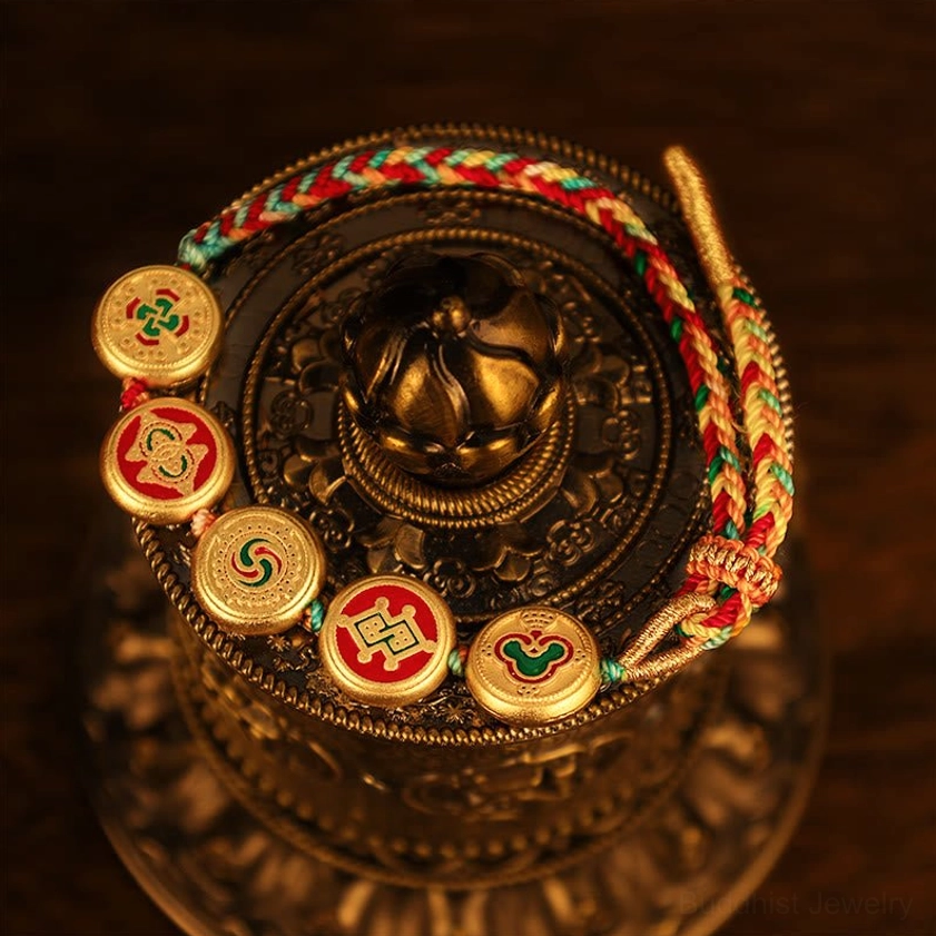 Five wealth deities Buddhist prosperity bracelet with enamel charms and braided rope, traditional Asian design elements