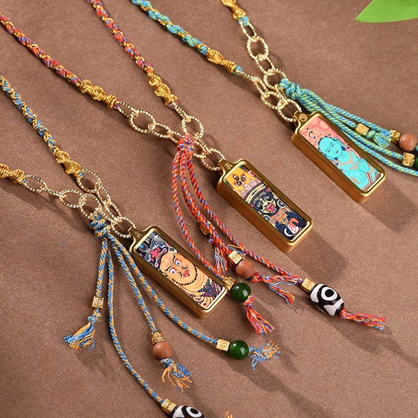 Buddhist wealth prosperity necklace featuring authentic thangka art in protective titanium steel frame