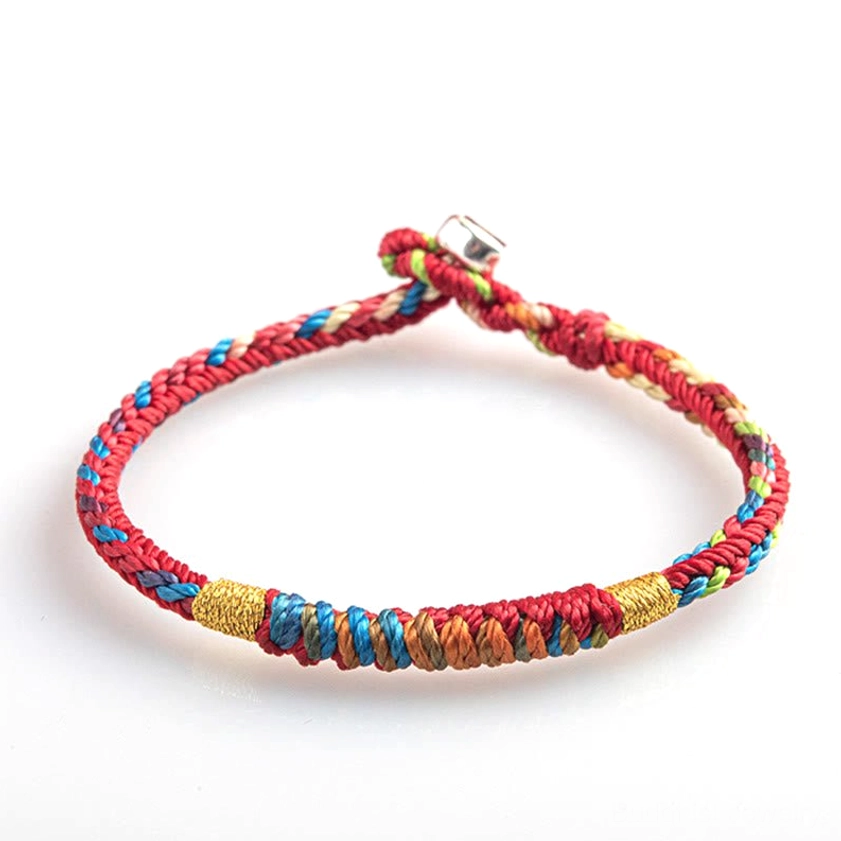Multicolored woven Buddhist protection bracelet with adjustable sizing options from 14cm to 19cm wrist circumference