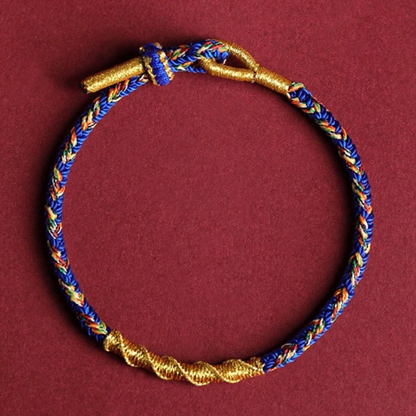 Blue and gold Buddhist protection braided string bracelet with woven rope design and metal toggle closure