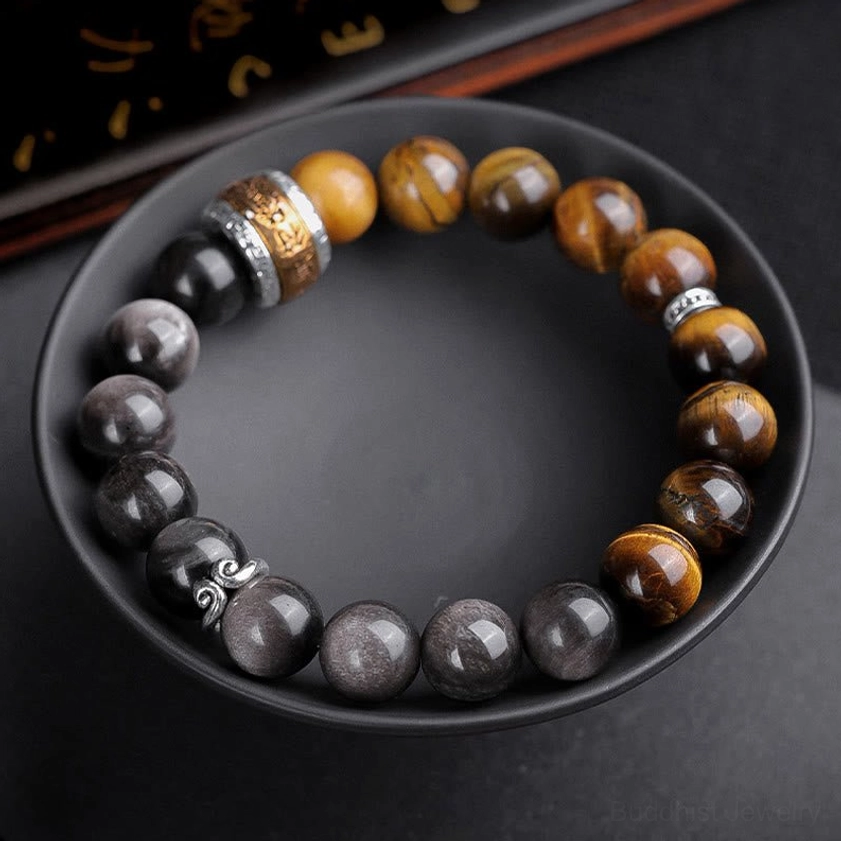 Silver Sheen Obsidian and Tiger's Eye bracelet lifestyle shot showing authentic Buddhist jewelry for spiritual protection and inner strength