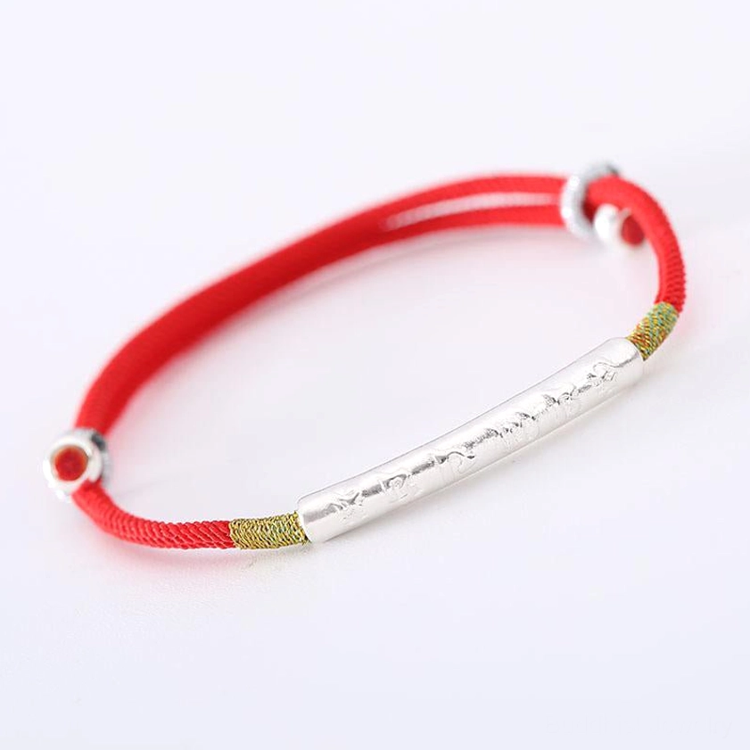 Buddhist protection bracelet with Om Mani Padme Hum, red string and silver charm for spiritual practice