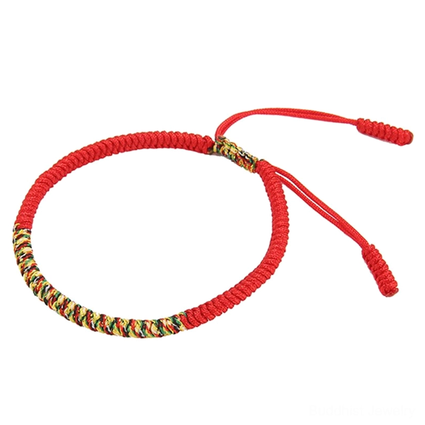Single red handmade Buddhist luck bracelet with King Kong Knot design and multicolor woven center section with dual adjustable red ropes on white background