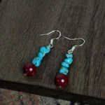 925 sterling silver turquoise and cinnabar Buddhist protection drop earrings handmade top view