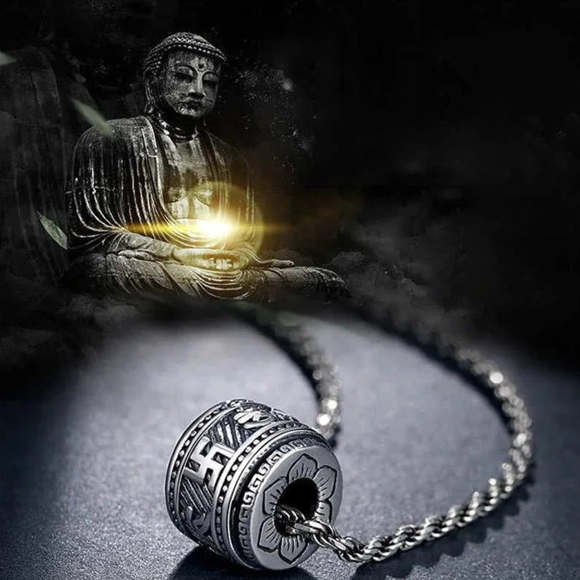 Buddhist protection pendant necklace with antique silver finish and glowing light effect, carved mantra design