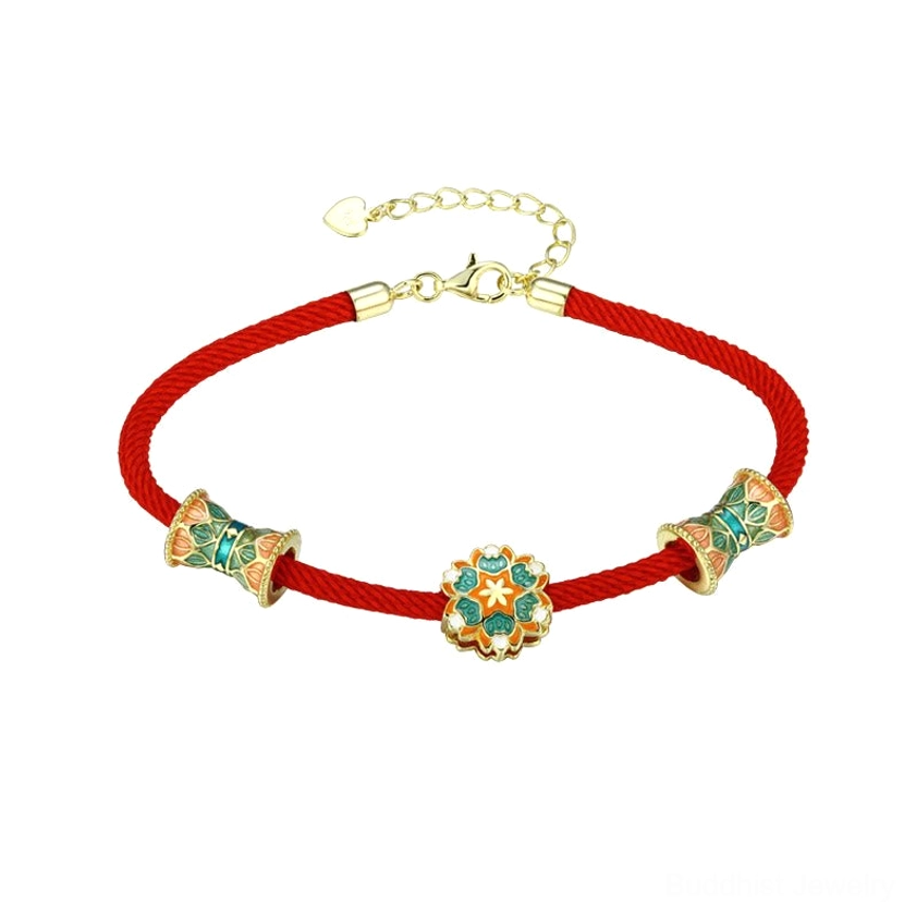 Buddhist red string bracelet with handmade sterling silver charms for spiritual protection