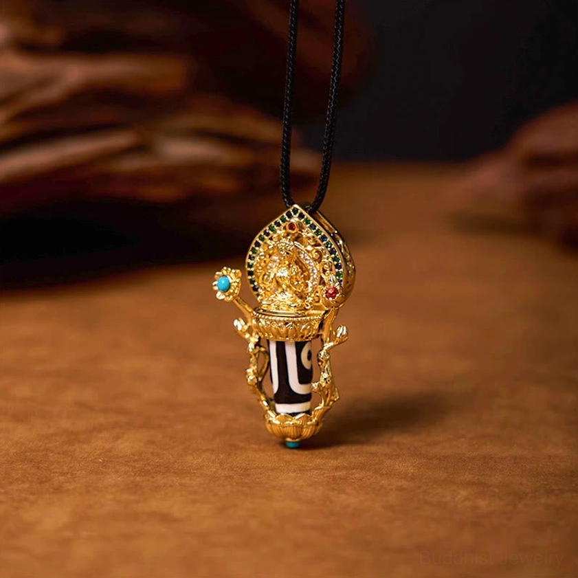 Buddhist protective pendant necklace featuring full Manjusri Bodhisattva carving with turquoise and gemstone inlays and two-eye Dzi bead mount