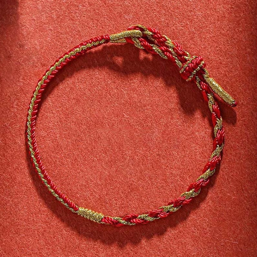 Red and gold braided handmade Buddhist protection bracelet with adjustable woven knot
